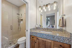 Bathroom with vanity, ensuite bath, a shower stall, and toilet