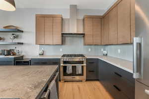 Kitchen with decorative backsplash, wall chimney exhaust hood, appliances with stainless steel finishes, gray cabinets, and open shelves