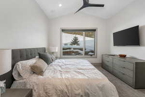 Carpeted bedroom featuring lofted ceiling