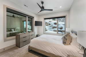 Bedroom featuring light carpet, baseboards, multiple windows, and visible vents