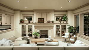 Living area featuring recessed lighting, a brick fireplace, and crown molding