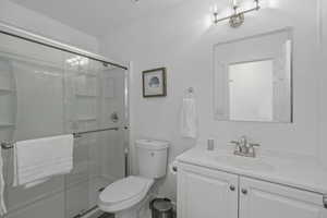 Full bathroom featuring toilet, a shower stall, and vanity