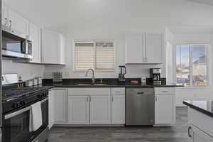 Kitchen with stainless steel appliances, a sink, white cabinetry, dark wood-style floors, and dark stone countertops