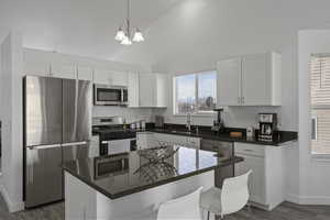 Kitchen featuring stainless steel appliances, white cabinetry, a sink, and dark wood-style floors