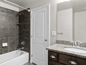 Full bathroom with visible vents, vanity, and shower / bathtub combination