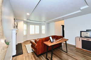 Living room featuring baseboards, a raised ceiling, wood finished floors, a textured ceiling, and recessed lighting