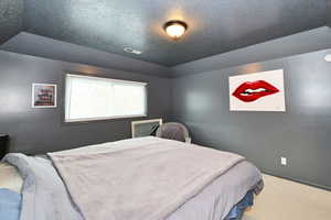 Bedroom with a textured ceiling, carpet flooring, visible vents, and baseboards