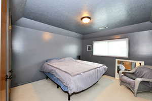 Carpeted bedroom featuring visible vents and a textured ceiling