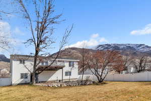 Rear view of property with a fenced backyard, a lawn, and a mountain view