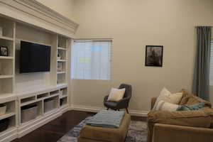 Living room featuring built in shelves and dark hardwood / wood-style flooring