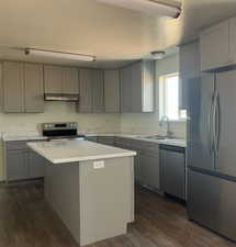 Kitchen with stainless steel appliances, dark wood finished floors, under cabinet range hood, a sink, and gray cabinetry