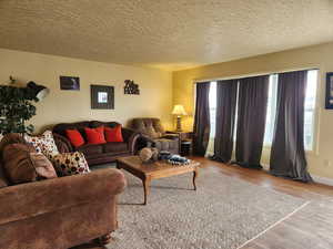 Living room with a textured ceiling, baseboards, and wood finished floors