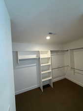 Spacious closet featuring dark colored carpet and visible vents