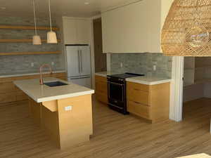 Kitchen featuring freestanding refrigerator, black electric range oven, a sink, and modern cabinets