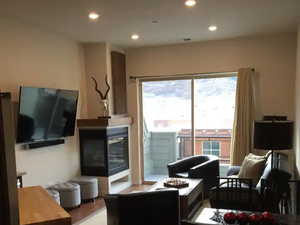 Living room with dark wood-type flooring and recessed lighting