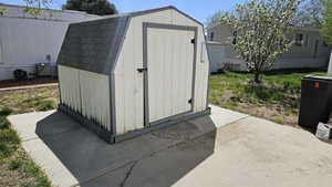 View of shed in backyard