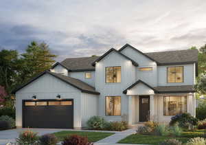 Modern farmhouse style home with an attached garage, board and batten siding, a shingled roof, and concrete driveway