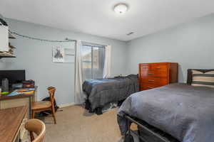 Bedroom featuring baseboards and light colored carpet