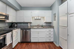 Kitchen with stainless steel appliances, dark wood finished floors, white cabinetry, and a sink