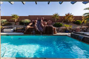 View of swimming pool featuring a fenced backyard and a fenced in pool