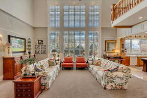 Living room featuring light carpet and a high ceiling