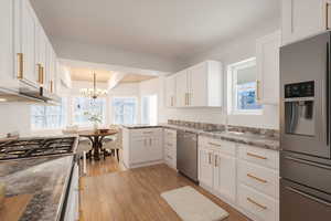 ARTIST RENDERING OF REMODELED KITCHEN featuring stainless steel appliances, light wood-type flooring, a sink, and white cabinetry