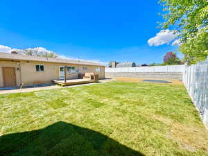 View of yard featuring a fenced backyard and a deck