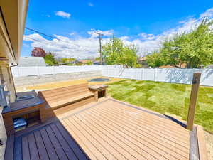 Wooden terrace with a fenced backyard and a yard