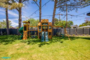 View of play area featuring a fenced backyard.