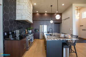 Fully stocked kitchen with kitchen island.