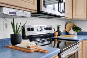 Kitchen featuring appliances with stainless steel finishes and light brown cabinetry