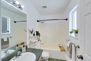 Full bathroom with toilet, washtub / shower combination, vanity, and visible vents