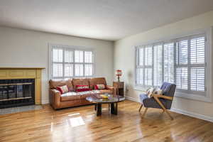 Living area featuring baseboards, plenty of natural light, and light wood-style floors