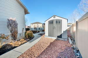 View of shed featuring a fenced backyard