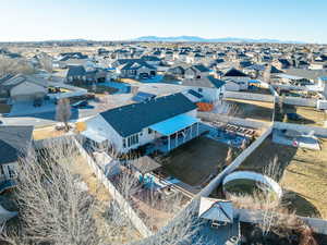 Aerial view featuring a residential view and a mountain view