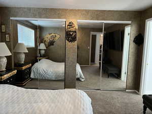 Carpeted bedroom featuring multiple closets and baseboards