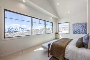 Bedroom with high vaulted ceiling, recessed lighting, visible vents, baseboards, and carpet