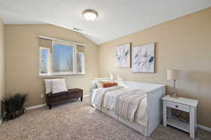 Carpeted bedroom featuring visible vents, vaulted ceiling, a textured ceiling, and baseboards