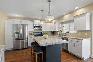 Kitchen featuring dark wood-style flooring, a center island, stainless steel appliances, white cabinetry, and a sink