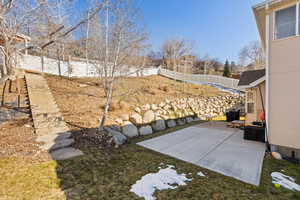 View of yard with a fenced backyard and a patio