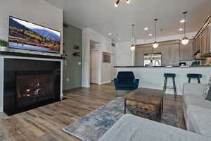 Living area featuring recessed lighting, baseboards, wood finished floors, and a glass covered fireplace