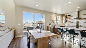 Kitchen featuring decorative backsplash, dishwasher, wall chimney exhaust hood, and open shelves