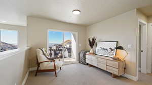 Sitting room featuring baseboards, a textured ceiling, visible vents, and light colored carpet