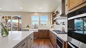 Kitchen featuring wall chimney exhaust hood, decorative backsplash, a sink, and stainless steel appliances