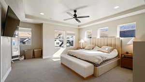 Bedroom featuring carpet floors, baseboards, multiple windows, and visible vents