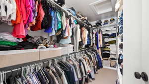 Spacious closet featuring attic access and carpet floors