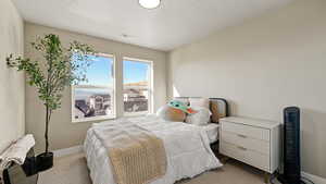 Carpeted bedroom with baseboards, visible vents, radiator heating unit, and a textured ceiling