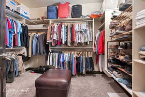 Spacious closet featuring carpet flooring