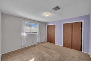 Unfurnished bedroom featuring carpet, a textured ceiling, visible vents, and multiple closets