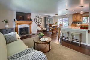 Living room featuring a fireplace and dark hardwood / wood-style flooring